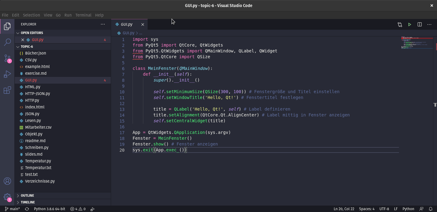 Animation Installation PyQt5 auf Visual Studio Code